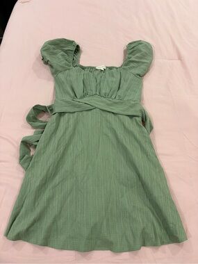 Sage Green Puff Sleeve Wrap Dress